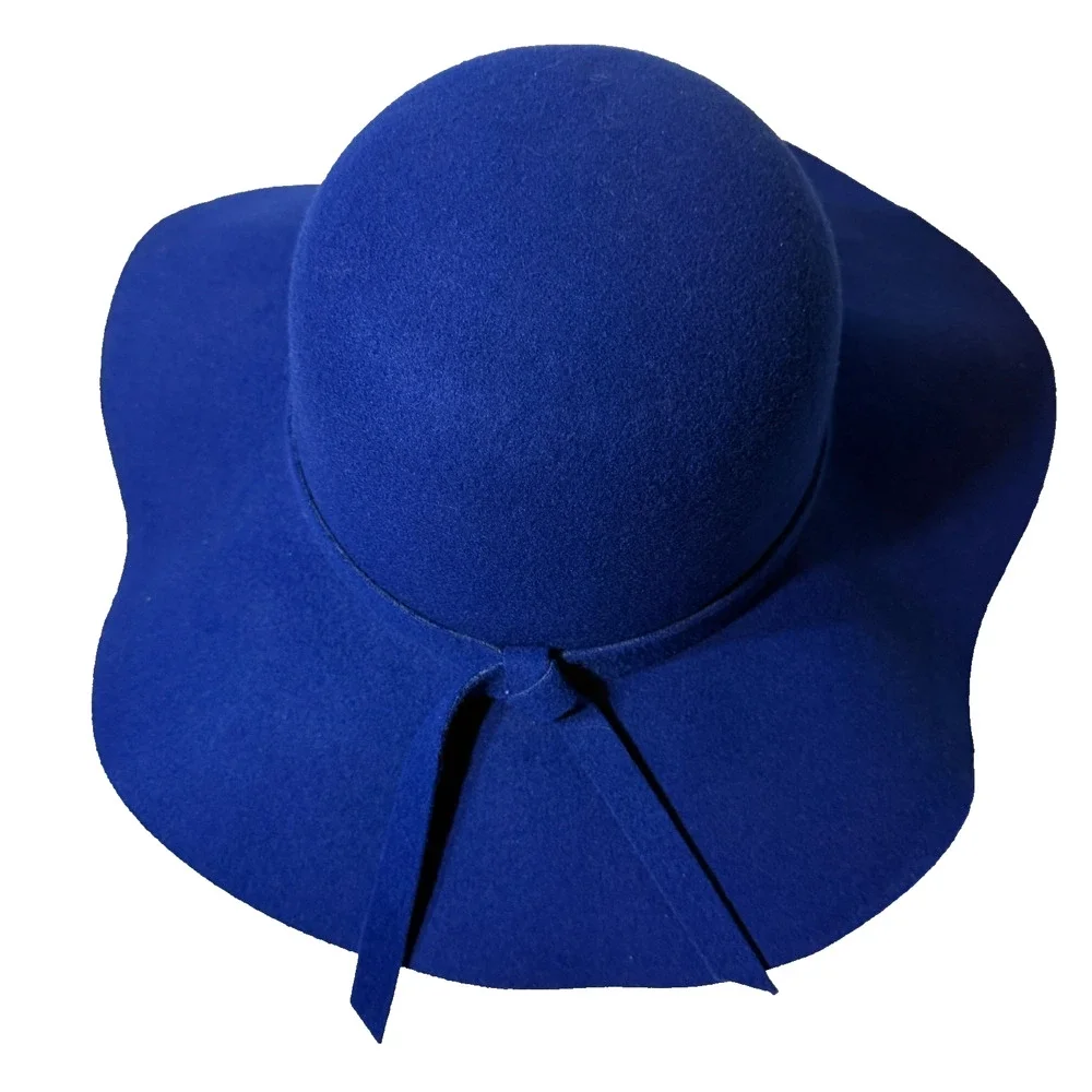 Jessica McClintock Wool Felt Royal Blue Wide Brim Floppy Hat Bow One Size